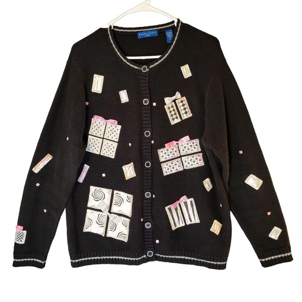 Karen Scott Sport Embroidered 3D Cardigan Womens L Celebration Preppy Festive